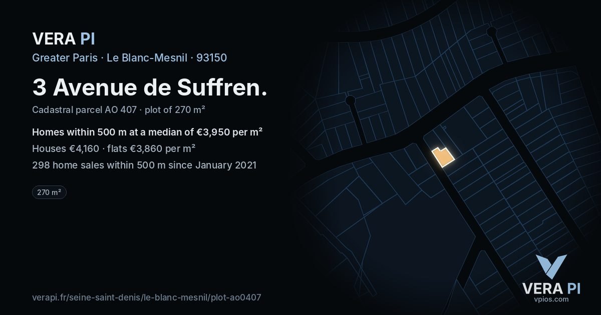 3 Avenue de Suffren, Le Blanc-Mesnil at night – the plot lit, the parcels around coloured by the prices near them