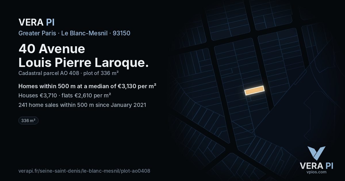 40 Avenue Louis Pierre Laroque, Le Blanc-Mesnil at night – the plot lit, the parcels around coloured by the prices near them