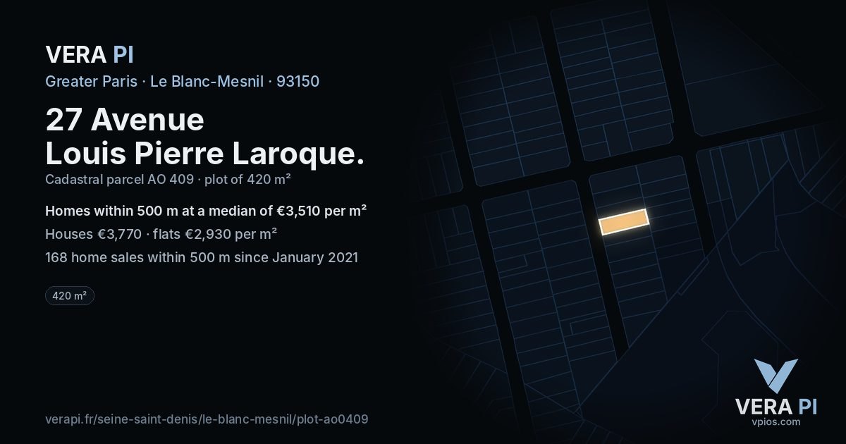 27 Avenue Louis Pierre Laroque, Le Blanc-Mesnil at night – the plot lit, the parcels around coloured by the prices near them