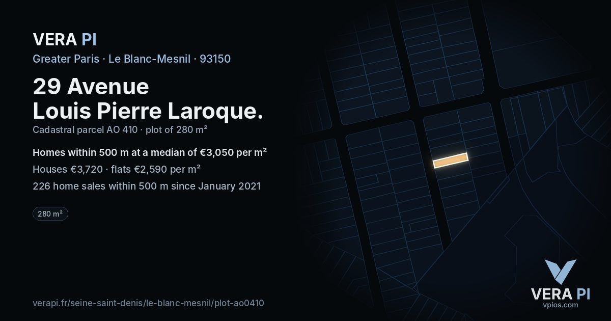 29 Avenue Louis Pierre Laroque, Le Blanc-Mesnil at night – the plot lit, the parcels around coloured by the prices near them