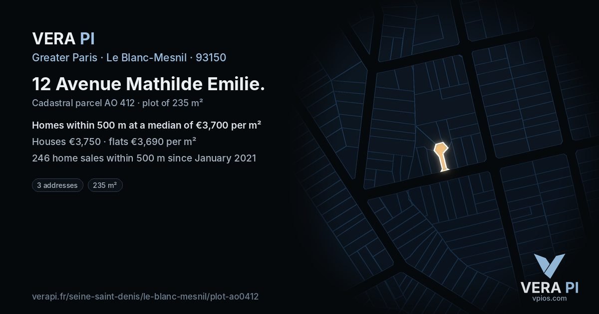 12 Avenue Mathilde Emilie, Le Blanc-Mesnil at night – the plot lit, the parcels around coloured by the prices near them