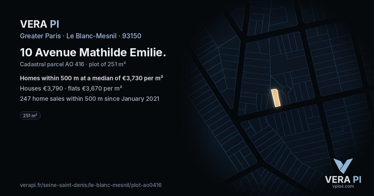 10 Avenue Mathilde Emilie, Le Blanc-Mesnil at night – the plot lit, the parcels around coloured by the prices near them