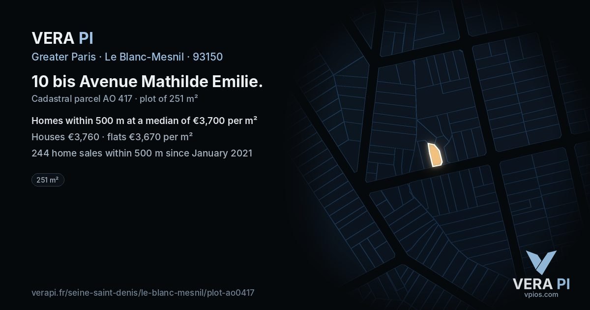 10 bis Avenue Mathilde Emilie, Le Blanc-Mesnil at night – the plot lit, the parcels around coloured by the prices near them