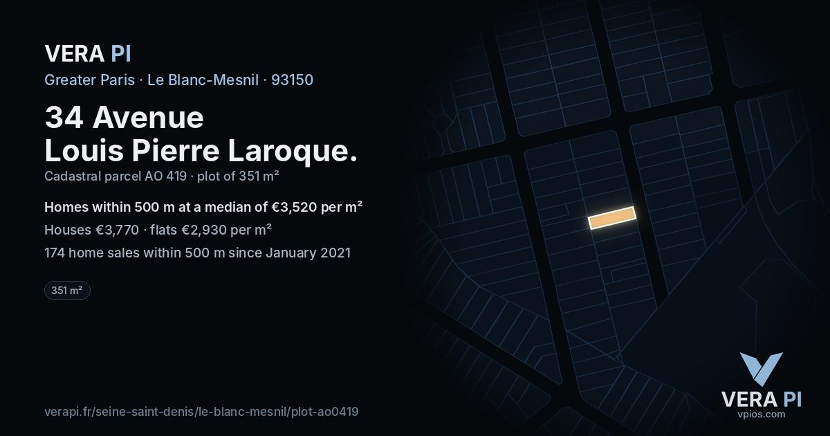 34 Avenue Louis Pierre Laroque, Le Blanc-Mesnil at night – the plot lit, the parcels around coloured by the prices near them