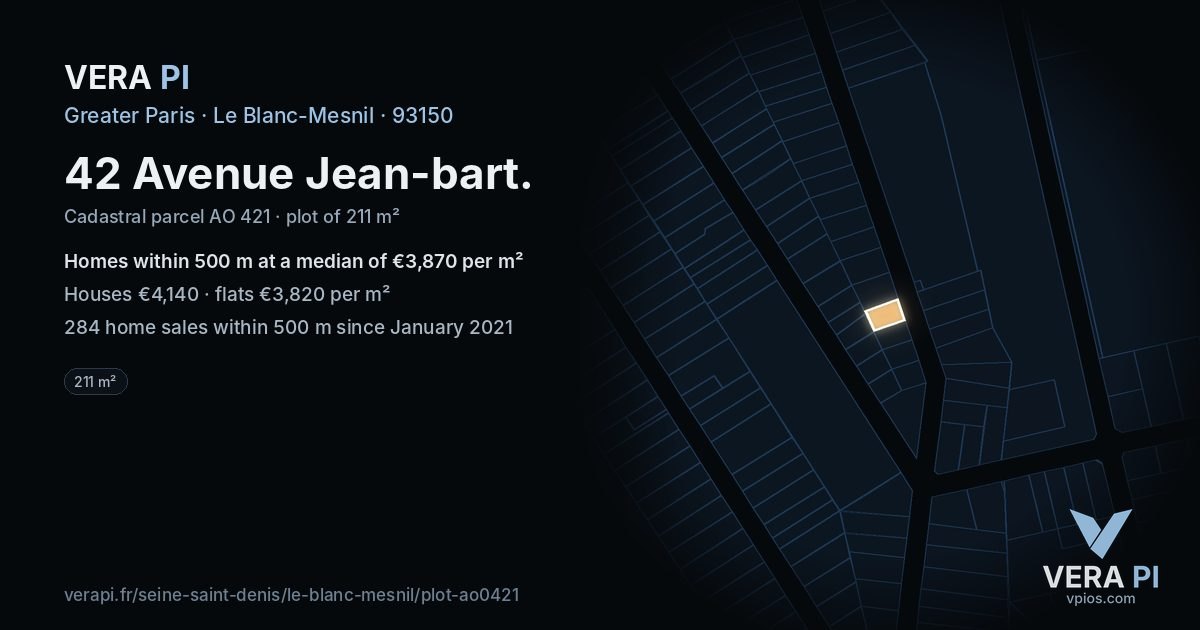 42 Avenue Jean-bart, Le Blanc-Mesnil at night – the plot lit, the parcels around coloured by the prices near them