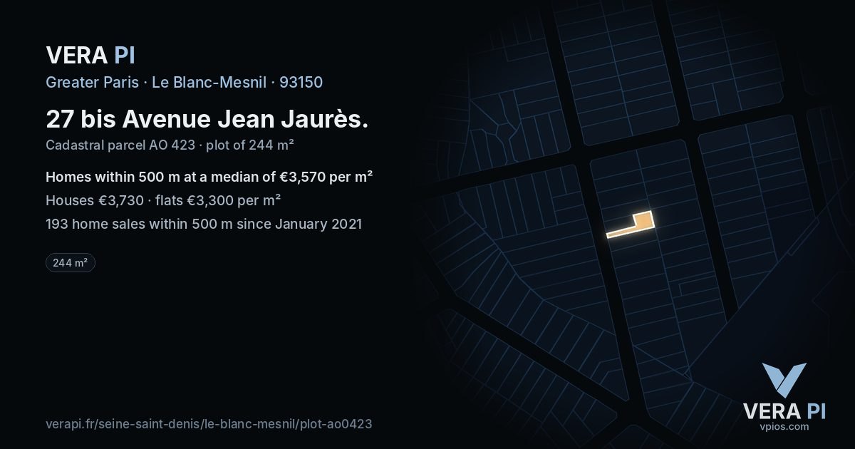27 bis Avenue Jean Jaurès, Le Blanc-Mesnil at night – the plot lit, the parcels around coloured by the prices near them