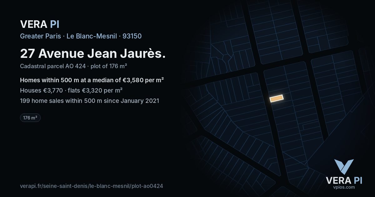 27 Avenue Jean Jaurès, Le Blanc-Mesnil at night – the plot lit, the parcels around coloured by the prices near them