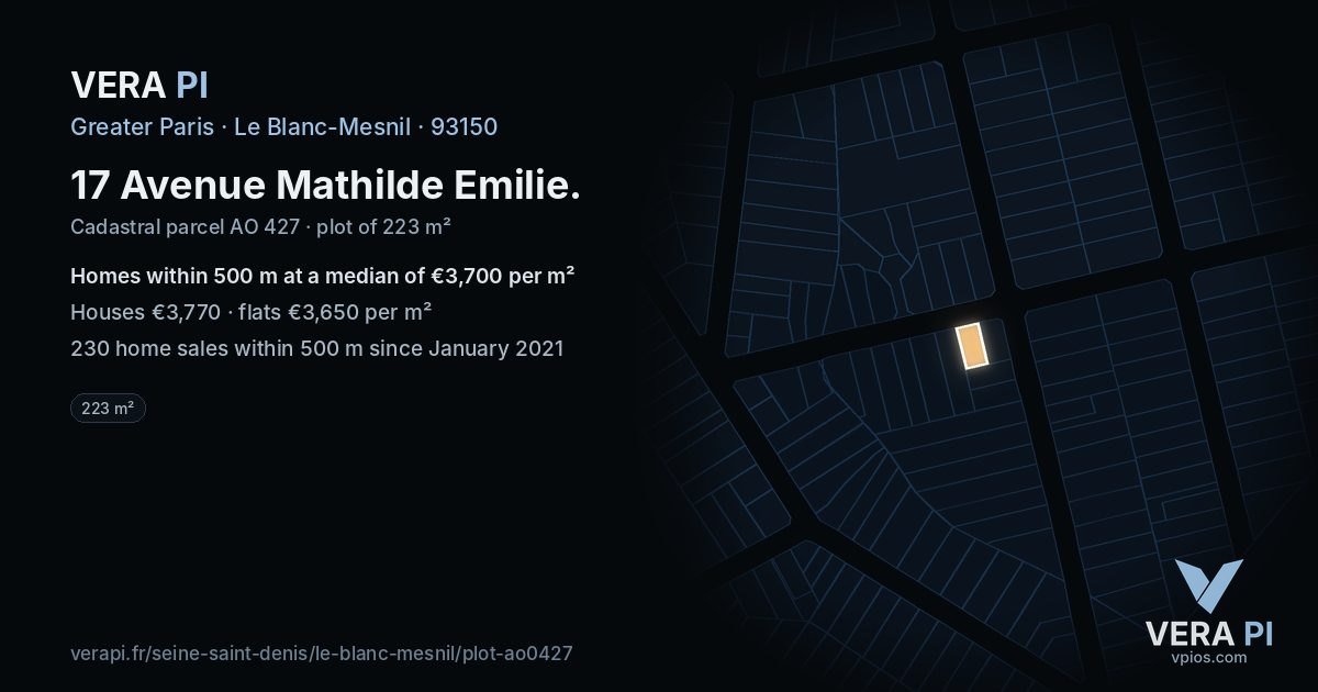17 Avenue Mathilde Emilie, Le Blanc-Mesnil at night – the plot lit, the parcels around coloured by the prices near them
