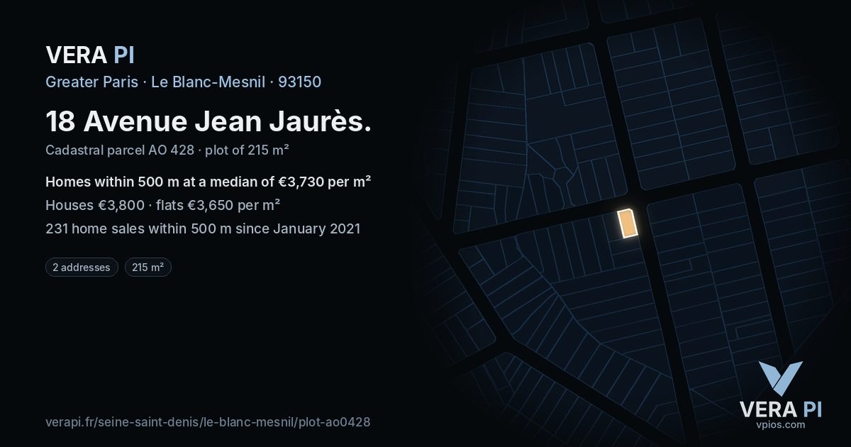 18 Avenue Jean Jaurès, Le Blanc-Mesnil at night – the plot lit, the parcels around coloured by the prices near them