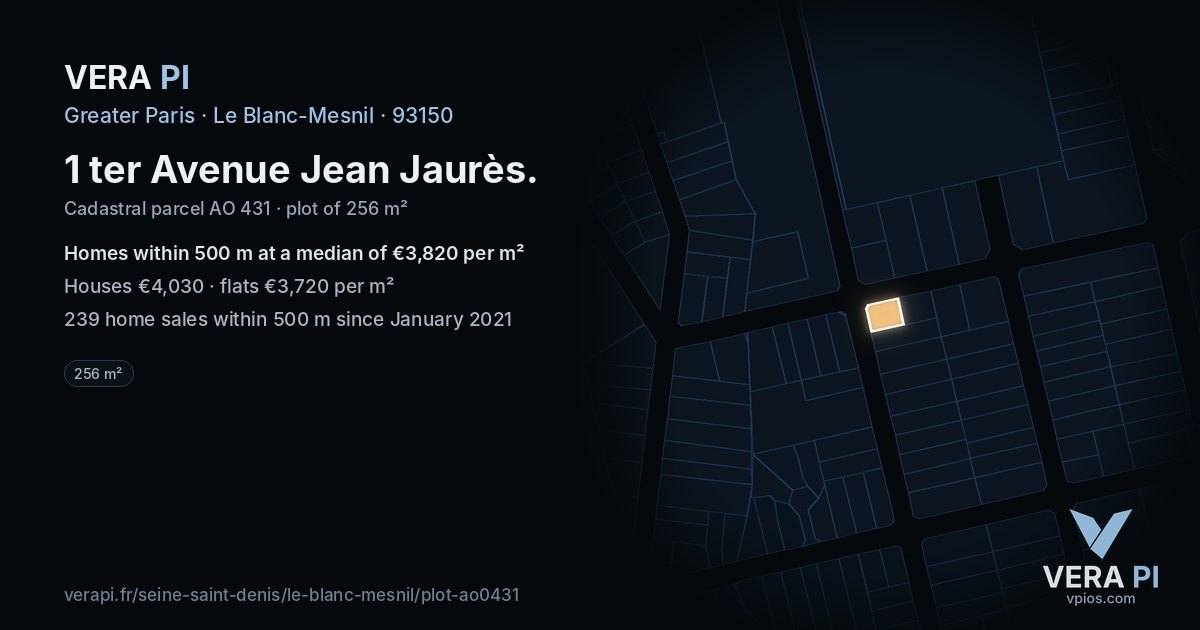 1 ter Avenue Jean Jaurès, Le Blanc-Mesnil at night – the plot lit, the parcels around coloured by the prices near them