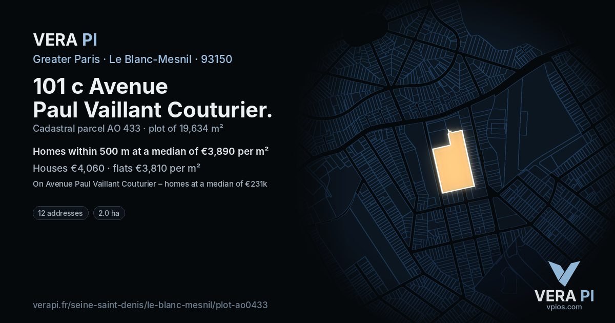 101 c Avenue Paul Vaillant Couturier, Le Blanc-Mesnil at night – the plot lit, the parcels around coloured by the prices near them