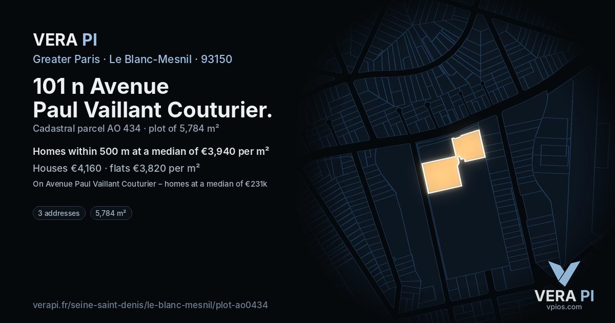 101 n Avenue Paul Vaillant Couturier, Le Blanc-Mesnil at night – the plot lit, the parcels around coloured by the prices near them