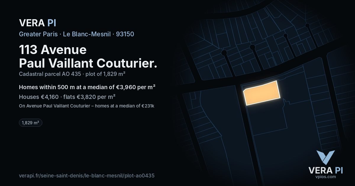 113 Avenue Paul Vaillant Couturier, Le Blanc-Mesnil at night – the plot lit, the parcels around coloured by the prices near them