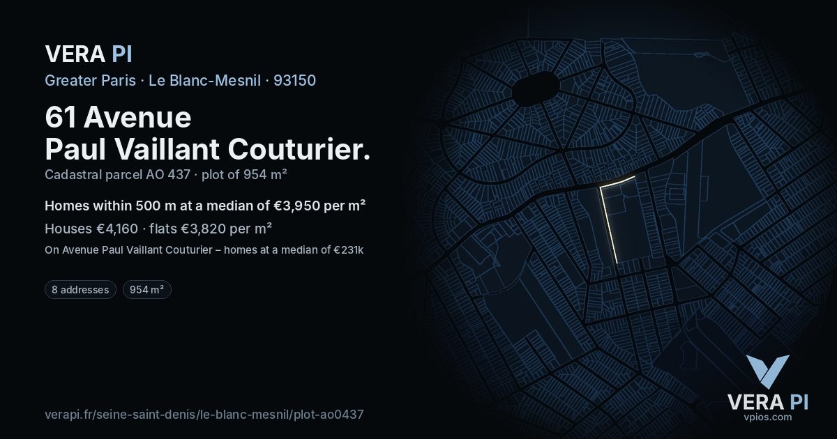 61 Avenue Paul Vaillant Couturier, Le Blanc-Mesnil at night – the plot lit, the parcels around coloured by the prices near them