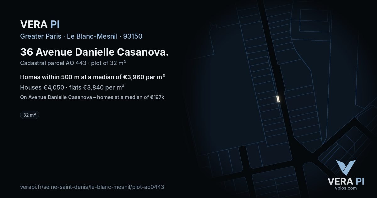 36 Avenue Danielle Casanova, Le Blanc-Mesnil at night – the plot lit, the parcels around coloured by the prices near them