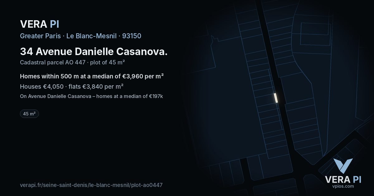 34 Avenue Danielle Casanova, Le Blanc-Mesnil at night – the plot lit, the parcels around coloured by the prices near them