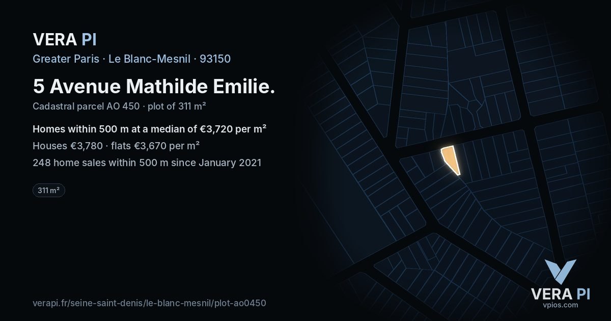 5 Avenue Mathilde Emilie, Le Blanc-Mesnil at night – the plot lit, the parcels around coloured by the prices near them