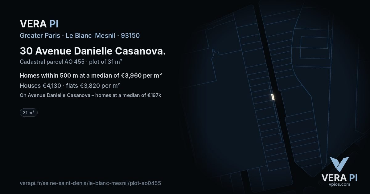 30 Avenue Danielle Casanova, Le Blanc-Mesnil at night – the plot lit, the parcels around coloured by the prices near them