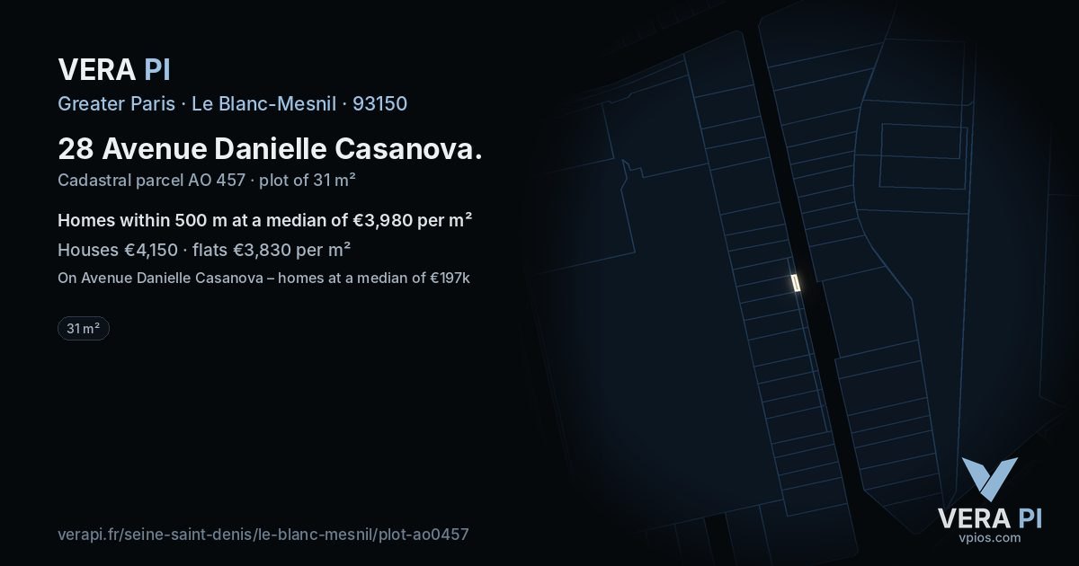 28 Avenue Danielle Casanova, Le Blanc-Mesnil at night – the plot lit, the parcels around coloured by the prices near them