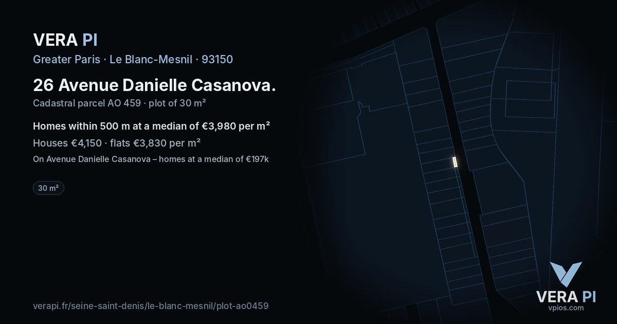 26 Avenue Danielle Casanova, Le Blanc-Mesnil at night – the plot lit, the parcels around coloured by the prices near them