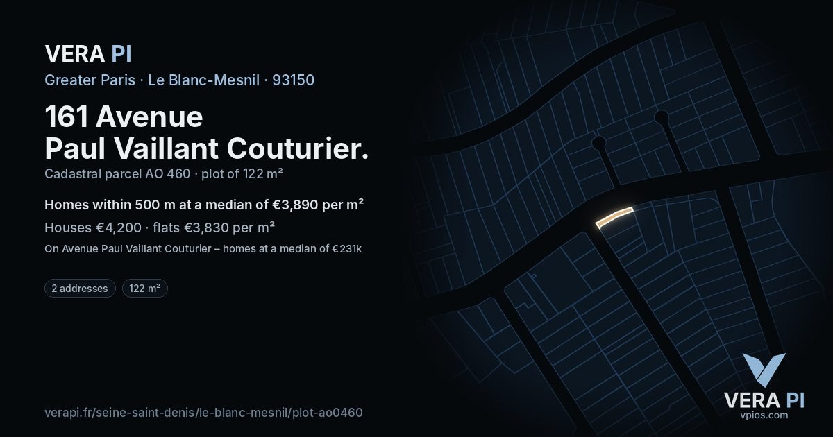161 Avenue Paul Vaillant Couturier, Le Blanc-Mesnil at night – the plot lit, the parcels around coloured by the prices near them
