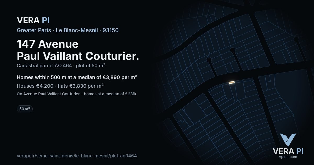 147 Avenue Paul Vaillant Couturier, Le Blanc-Mesnil at night – the plot lit, the parcels around coloured by the prices near them
