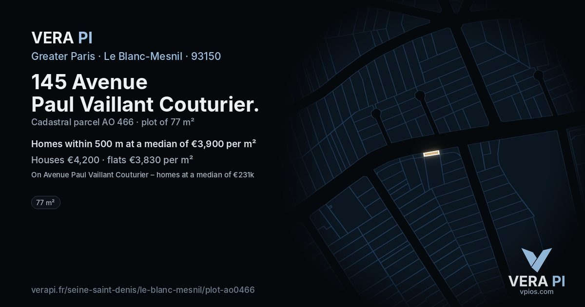 145 Avenue Paul Vaillant Couturier, Le Blanc-Mesnil at night – the plot lit, the parcels around coloured by the prices near them