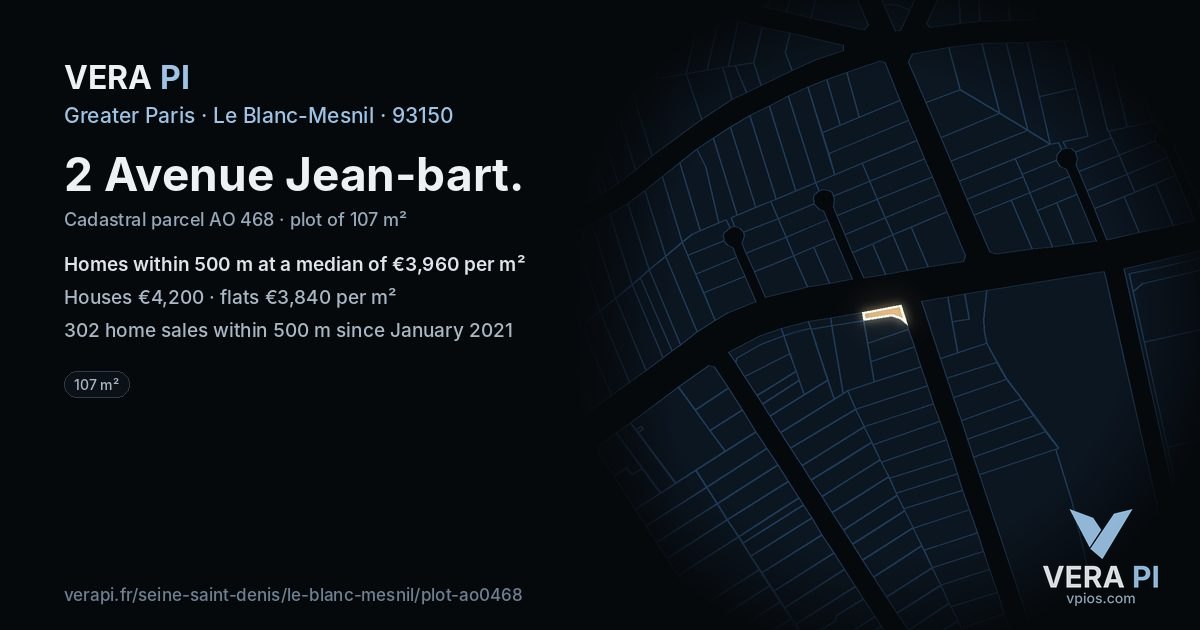 2 Avenue Jean-bart, Le Blanc-Mesnil at night – the plot lit, the parcels around coloured by the prices near them
