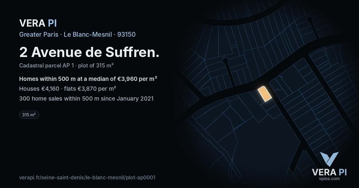 2 Avenue de Suffren, Le Blanc-Mesnil at night – the plot lit, the parcels around coloured by the prices near them