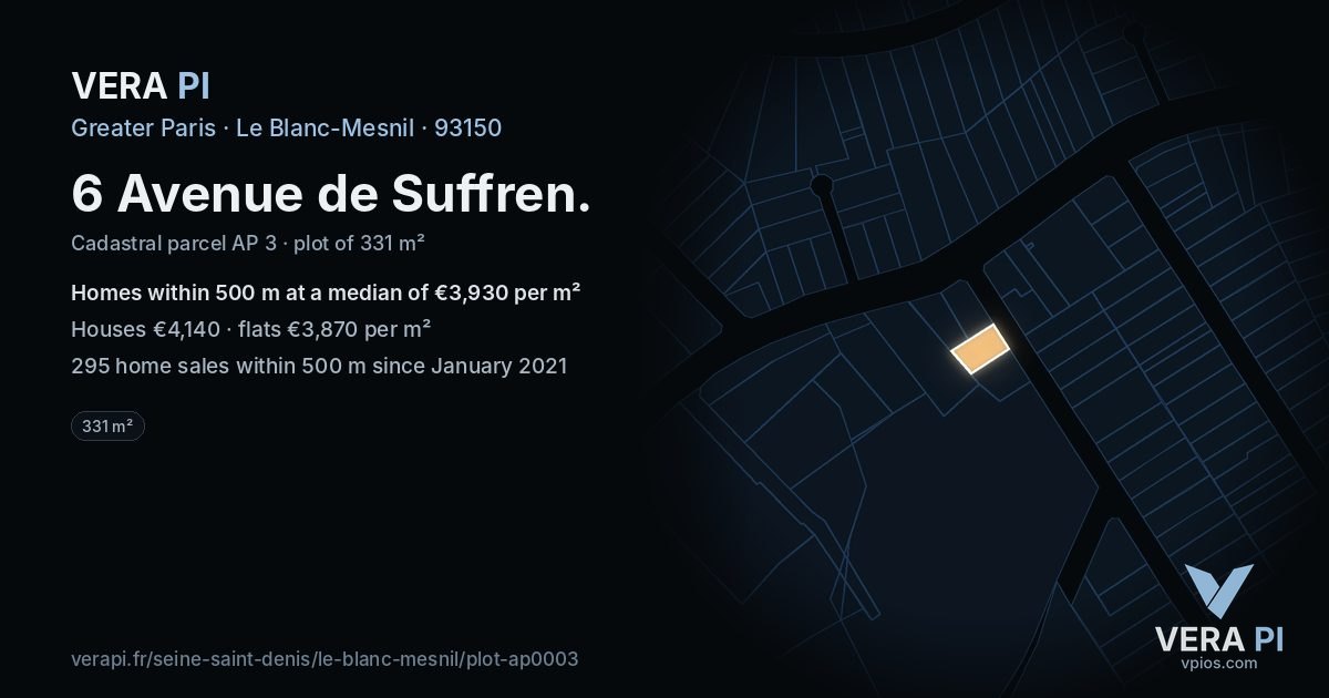 6 Avenue de Suffren, Le Blanc-Mesnil at night – the plot lit, the parcels around coloured by the prices near them