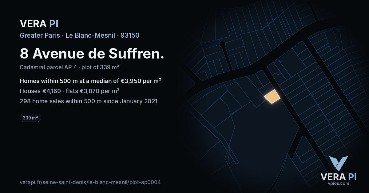 8 Avenue de Suffren, Le Blanc-Mesnil at night – the plot lit, the parcels around coloured by the prices near them