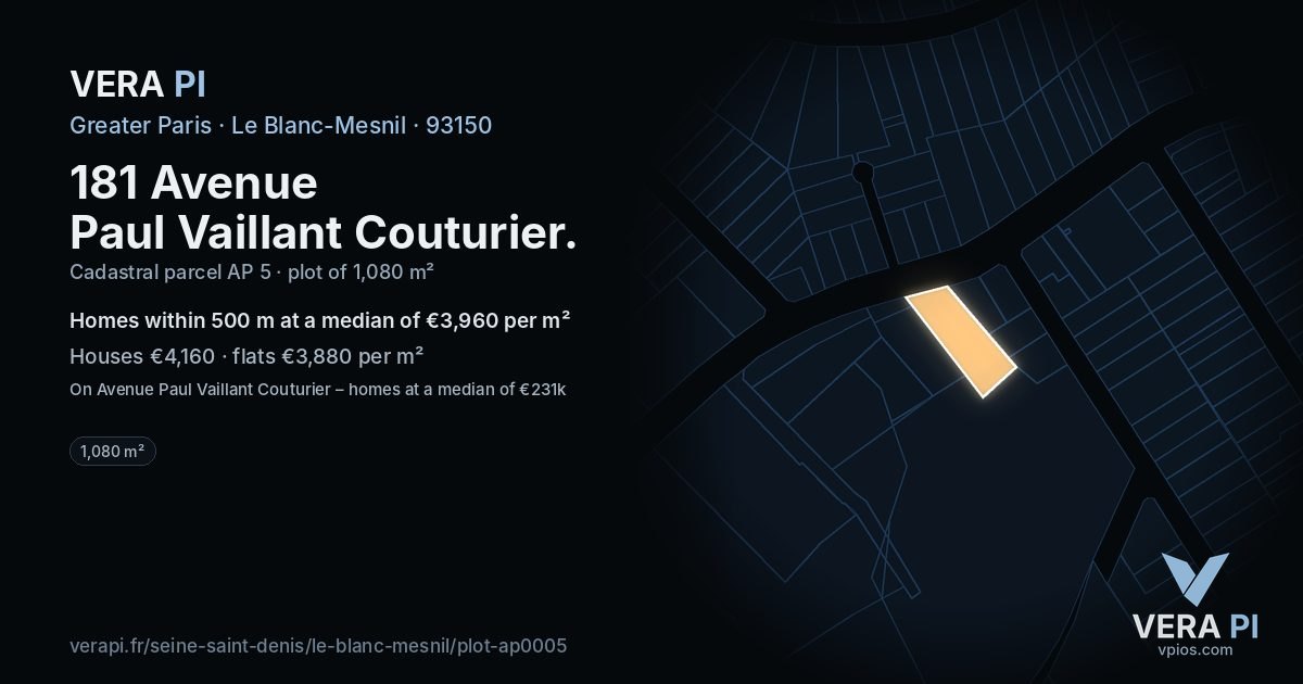 181 Avenue Paul Vaillant Couturier, Le Blanc-Mesnil at night – the plot lit, the parcels around coloured by the prices near them