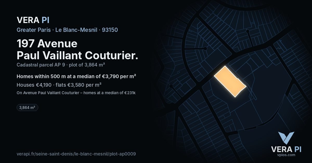 197 Avenue Paul Vaillant Couturier, Le Blanc-Mesnil at night – the plot lit, the parcels around coloured by the prices near them