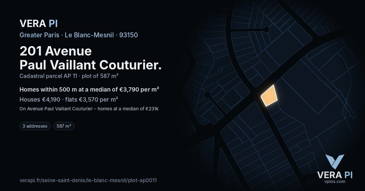 201 Avenue Paul Vaillant Couturier, Le Blanc-Mesnil at night – the plot lit, the parcels around coloured by the prices near them