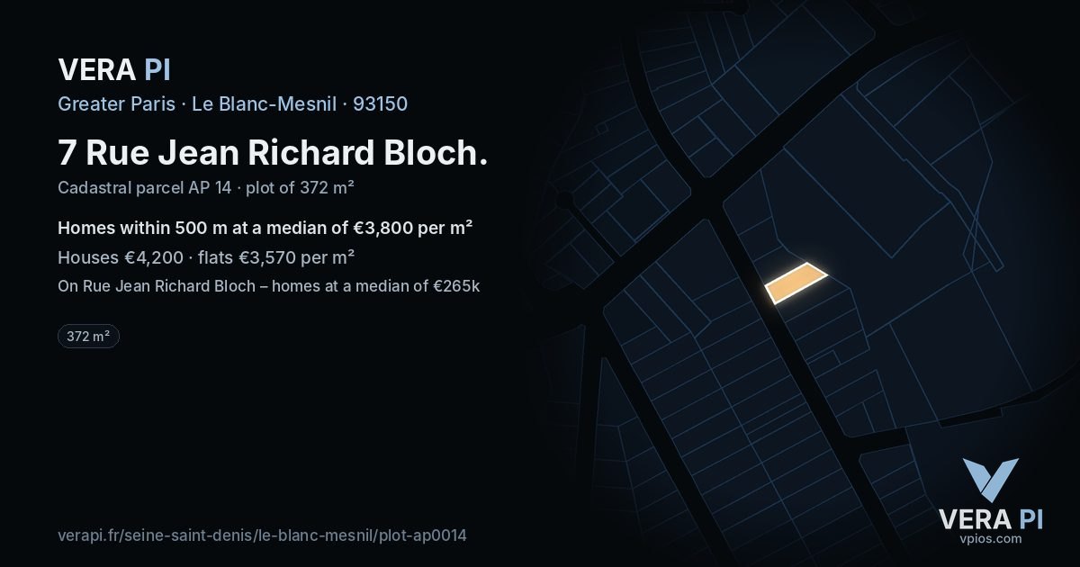 7 Rue Jean Richard Bloch, Le Blanc-Mesnil at night – the plot lit, the parcels around coloured by the prices near them