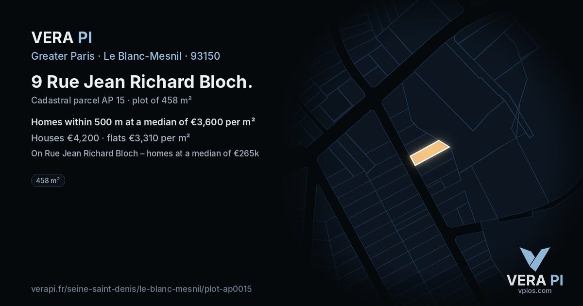 9 Rue Jean Richard Bloch, Le Blanc-Mesnil at night – the plot lit, the parcels around coloured by the prices near them