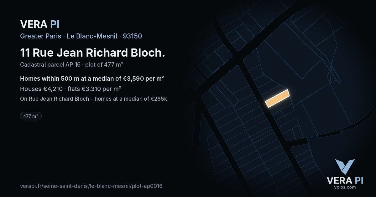 11 Rue Jean Richard Bloch, Le Blanc-Mesnil at night – the plot lit, the parcels around coloured by the prices near them