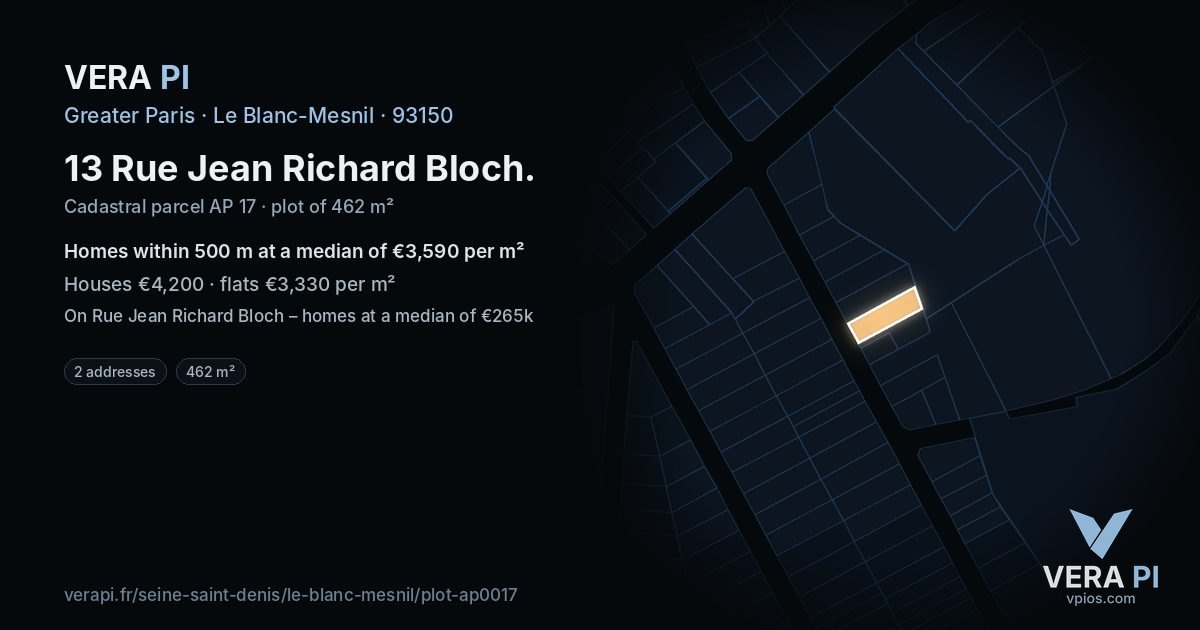 13 Rue Jean Richard Bloch, Le Blanc-Mesnil at night – the plot lit, the parcels around coloured by the prices near them