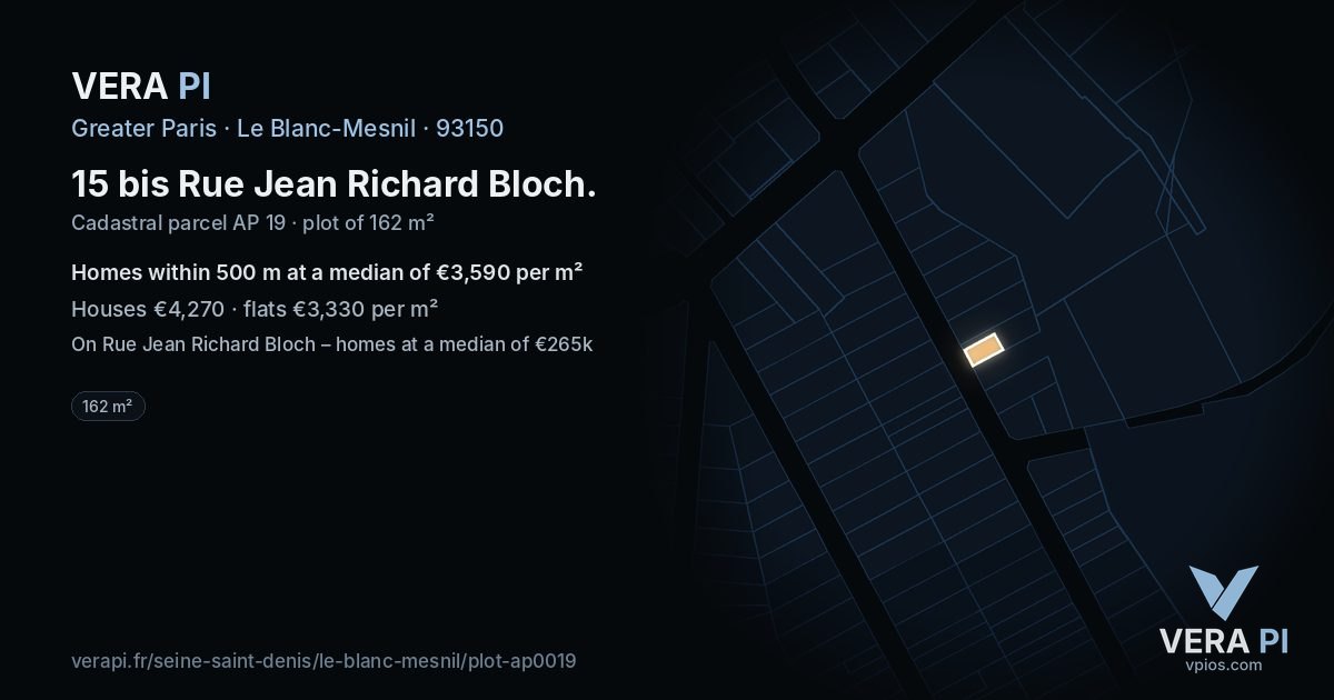 15 bis Rue Jean Richard Bloch, Le Blanc-Mesnil at night – the plot lit, the parcels around coloured by the prices near them