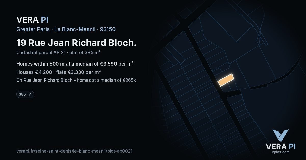19 Rue Jean Richard Bloch, Le Blanc-Mesnil at night – the plot lit, the parcels around coloured by the prices near them