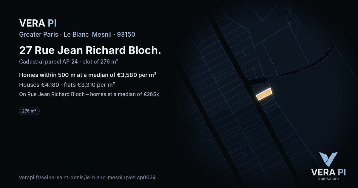 27 Rue Jean Richard Bloch, Le Blanc-Mesnil at night – the plot lit, the parcels around coloured by the prices near them