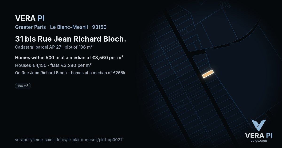 31 bis Rue Jean Richard Bloch, Le Blanc-Mesnil at night – the plot lit, the parcels around coloured by the prices near them