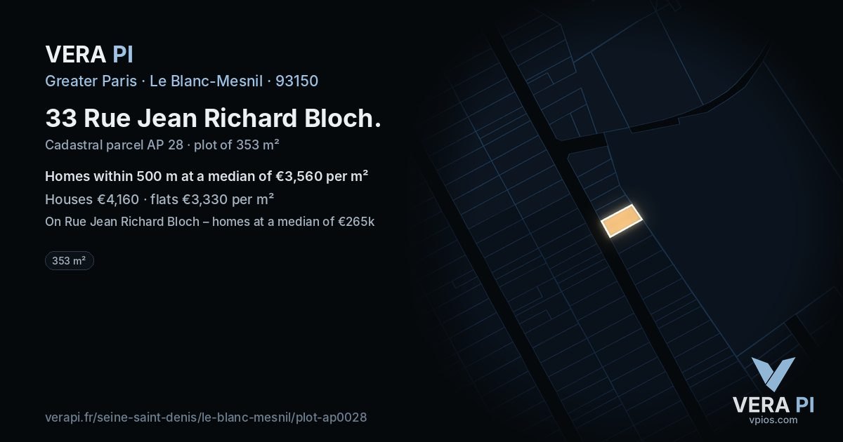33 Rue Jean Richard Bloch, Le Blanc-Mesnil at night – the plot lit, the parcels around coloured by the prices near them