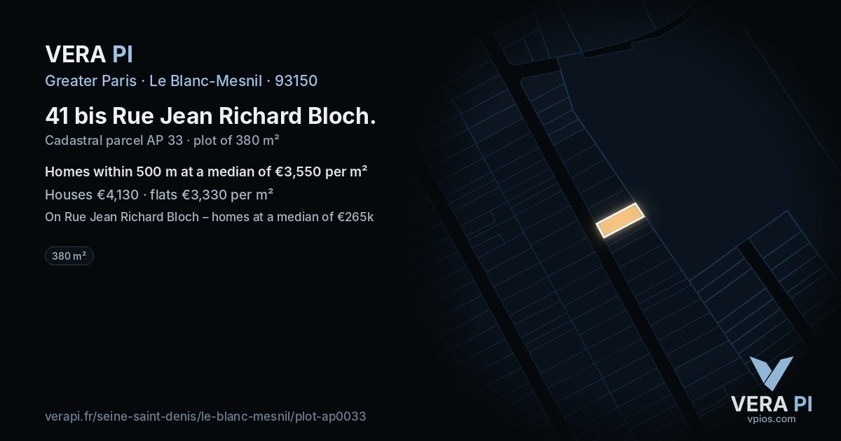 41 bis Rue Jean Richard Bloch, Le Blanc-Mesnil at night – the plot lit, the parcels around coloured by the prices near them