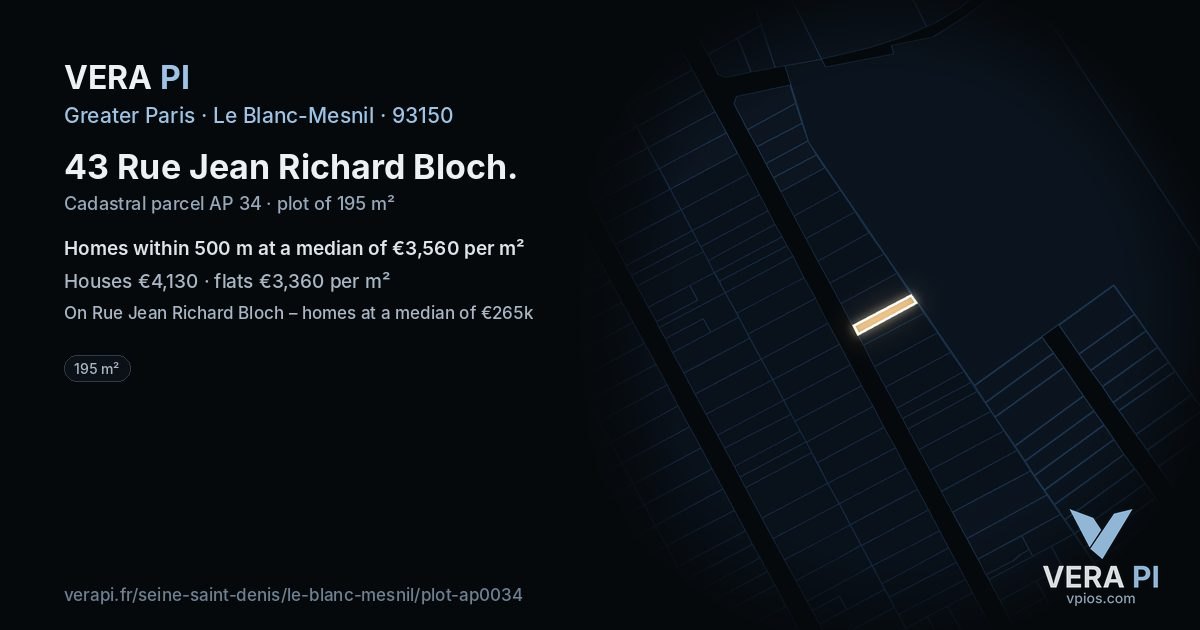 43 Rue Jean Richard Bloch, Le Blanc-Mesnil at night – the plot lit, the parcels around coloured by the prices near them