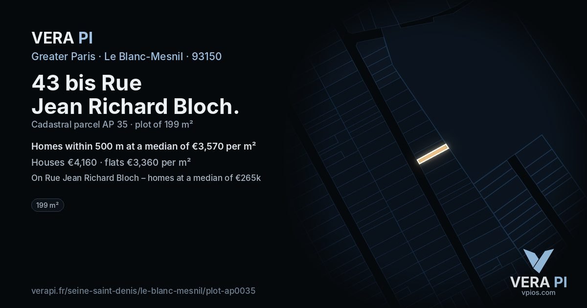 43 bis Rue Jean Richard Bloch, Le Blanc-Mesnil at night – the plot lit, the parcels around coloured by the prices near them