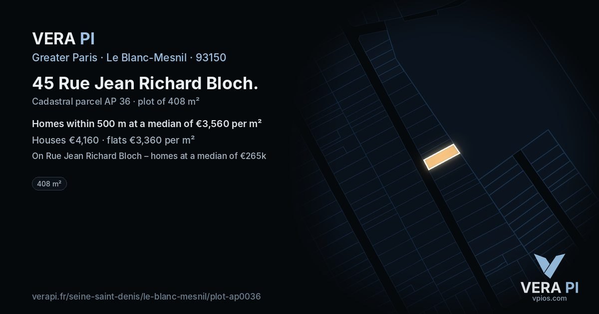 45 Rue Jean Richard Bloch, Le Blanc-Mesnil at night – the plot lit, the parcels around coloured by the prices near them