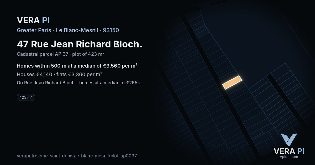 47 Rue Jean Richard Bloch, Le Blanc-Mesnil at night – the plot lit, the parcels around coloured by the prices near them