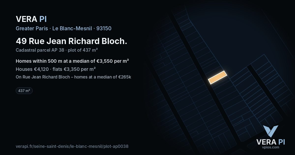 49 Rue Jean Richard Bloch, Le Blanc-Mesnil at night – the plot lit, the parcels around coloured by the prices near them