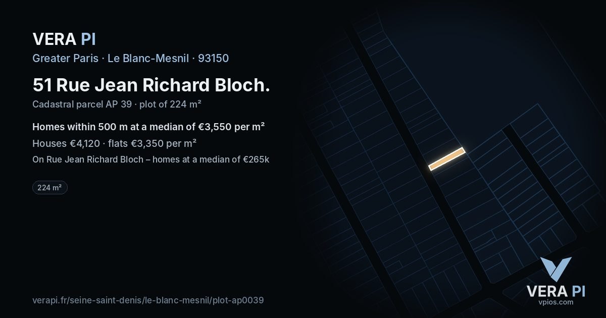 51 Rue Jean Richard Bloch, Le Blanc-Mesnil at night – the plot lit, the parcels around coloured by the prices near them